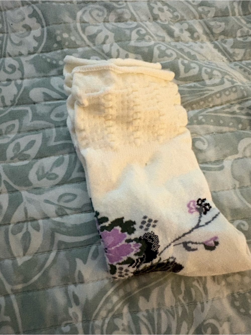 Smartwool White Crew Socks with Purple Floral Accents NWOT